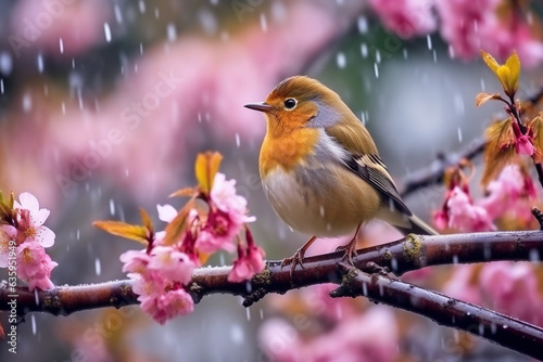 Bird on sakura branch with rainy