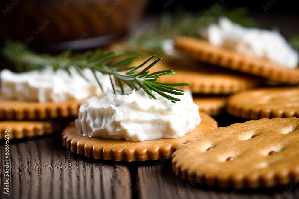 Crackers with cream cheese ,mint leaf in the wooden background - obrazy, fototapety, plakaty 