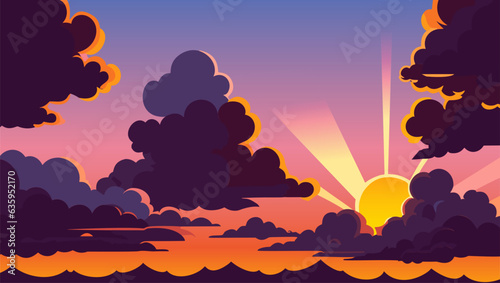 Sunset with clouds and sun rays coming out of the clouds and the sun is setting in the distance, colorful flat surreal design, vector art, context art. Cartoon anime background. Vector illustration.