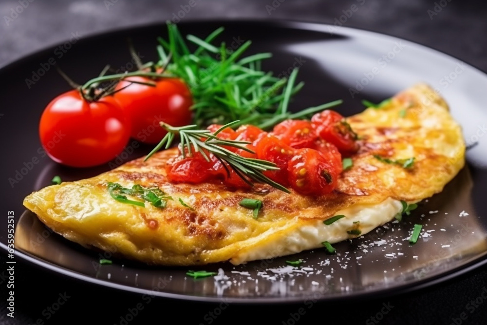 Omelette white plate with tomato,rosemary,asparagus on black stone background