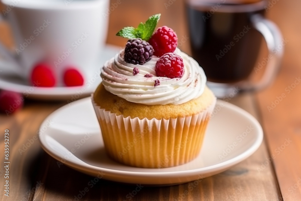 Hot coffee and berry cupcakes on wooden background
