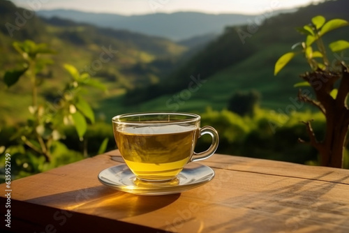 Tea on wooden table and tea plantation