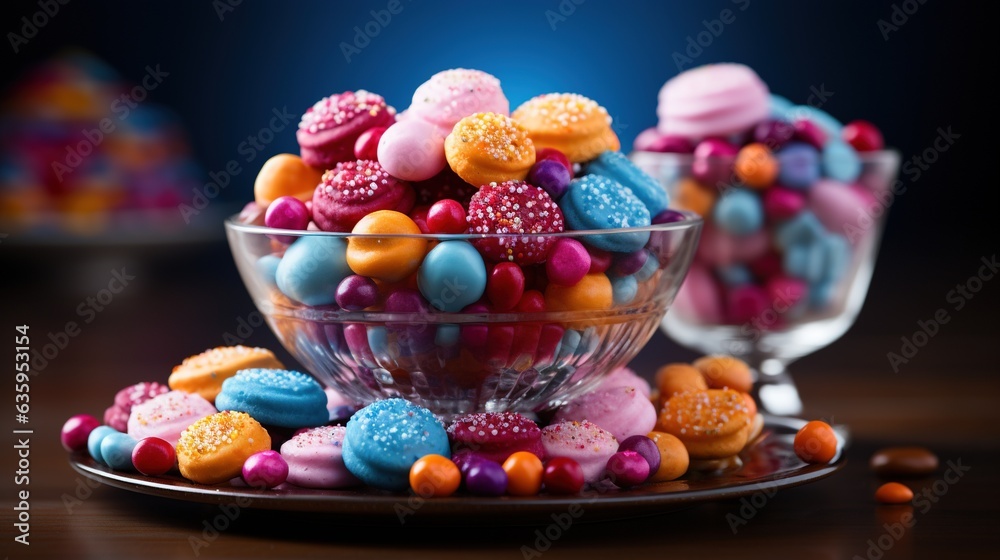 a glass bowl filled with colorful candies on top of a table. generative ai a glass bowl filled with colorful candies on top of a table. generative ai