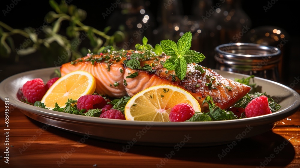  a plate of salmon with raspberries and lemons.  generative ai