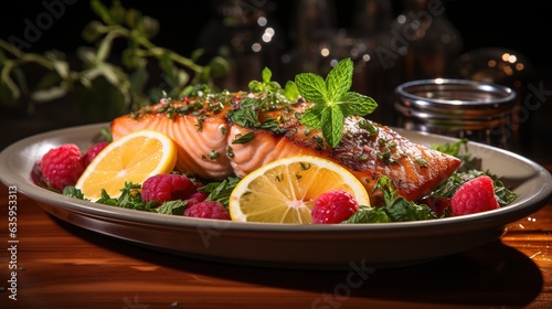  a plate of salmon with raspberries and lemons. generative ai