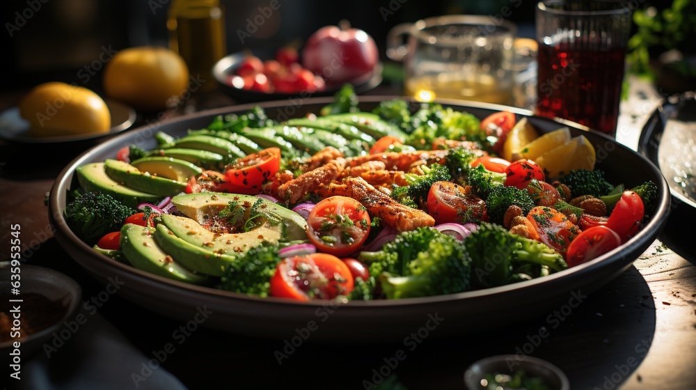a large bowl of vegetables on a table with a glass of wine. generative ai a large bowl of vegetables on a table with a glass of wine. generative ai