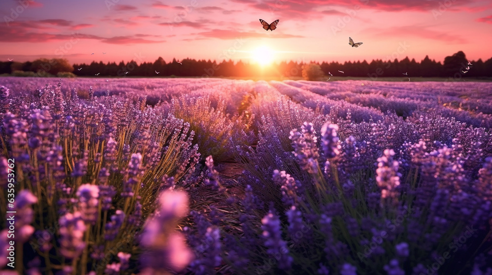 Fantasy landscape of blooming lavender flowers,butterfly glow - obrazy, fototapety, plakaty 