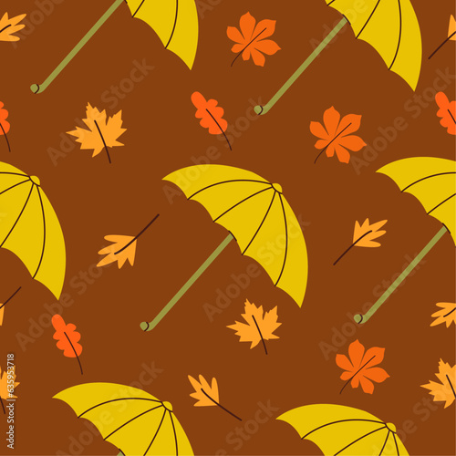 Autumn vector pattern with leaves and umbrella on a brown background.