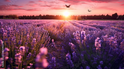 Fantasy landscape of blooming lavender flowers,butterfly glow © Inlovehem