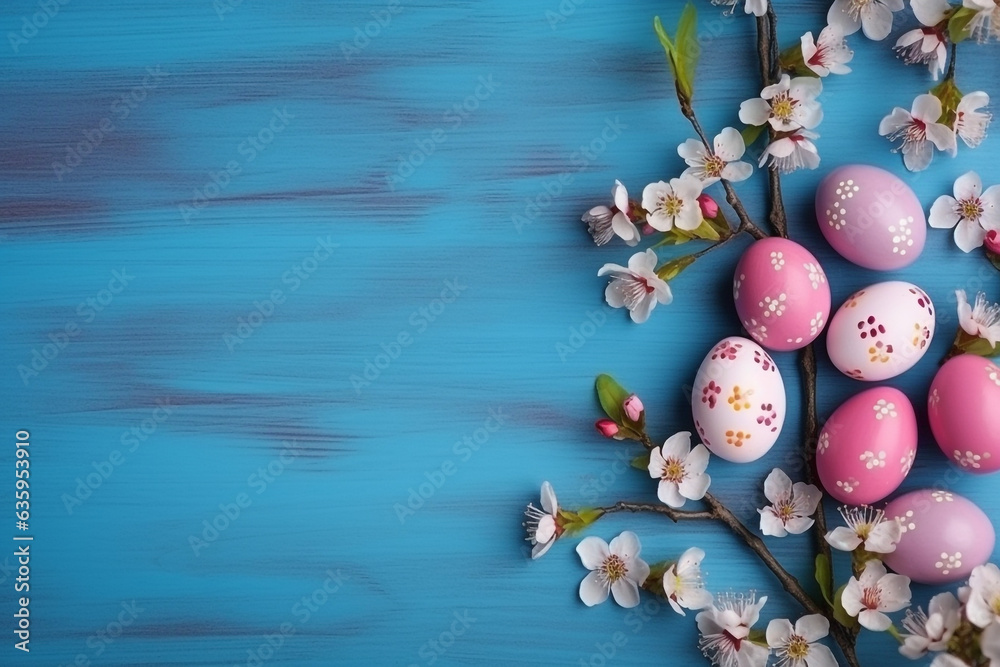 Colorful Easter eggs with sakura flowers on blue wooden background
