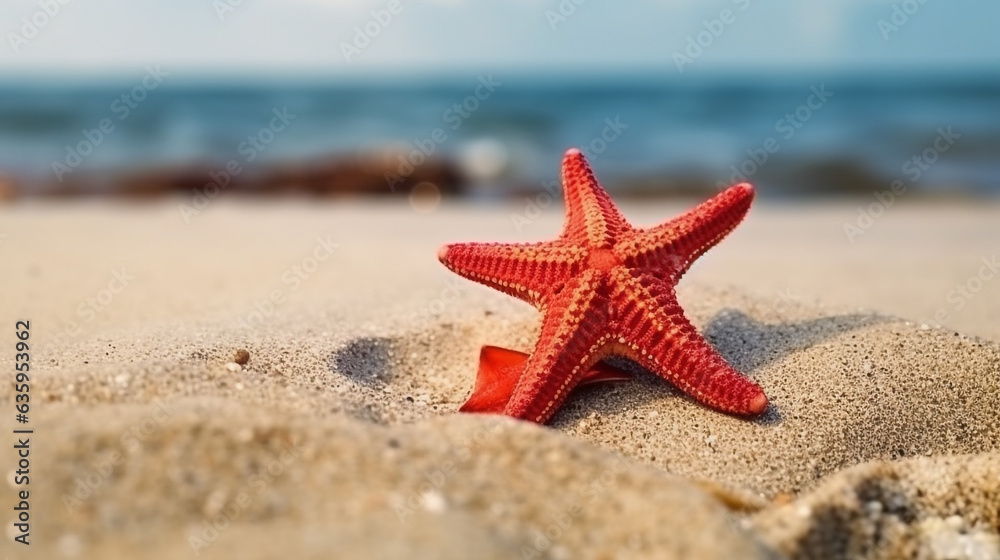 Beautiful red starfish on sand sea Beautiful red starfish on sand sea