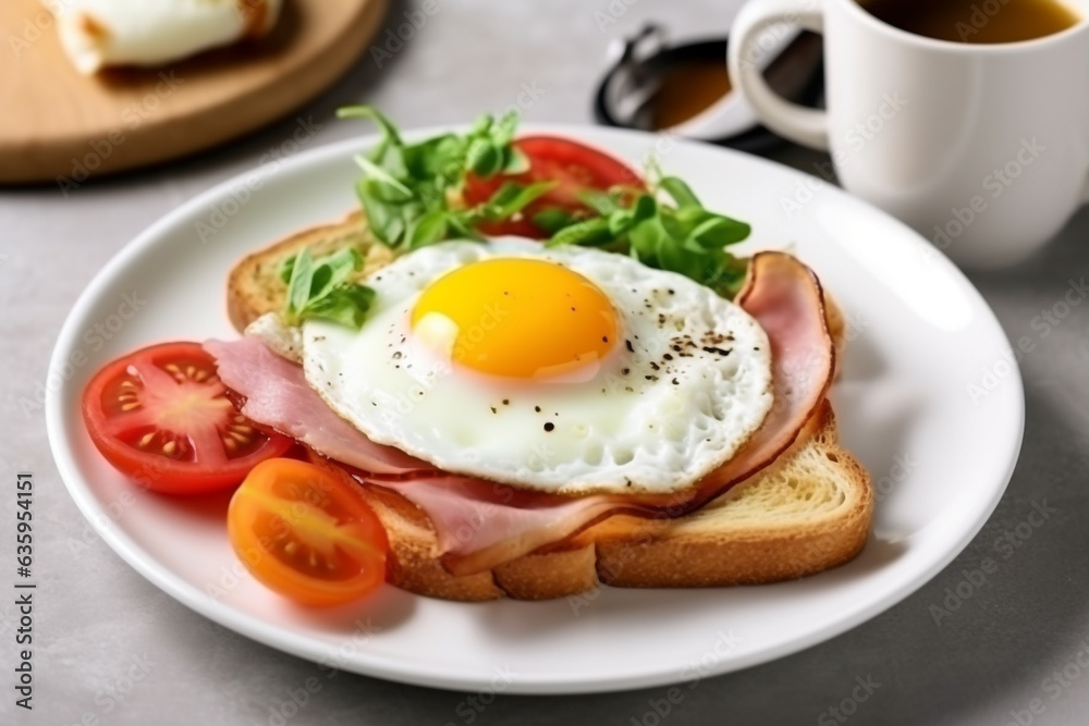 Toast and ham, tomatoes, vegetables, with fried egg and hot coffee on white wooden background Toast and ham, tomatoes, vegetables, with fried egg and hot coffee on white wooden background