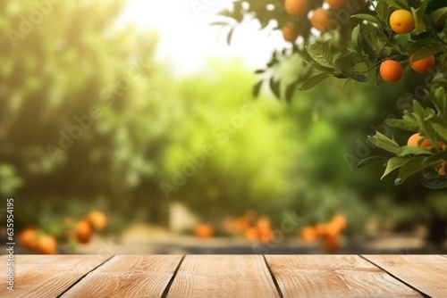 Empty wooden table with orange garden background