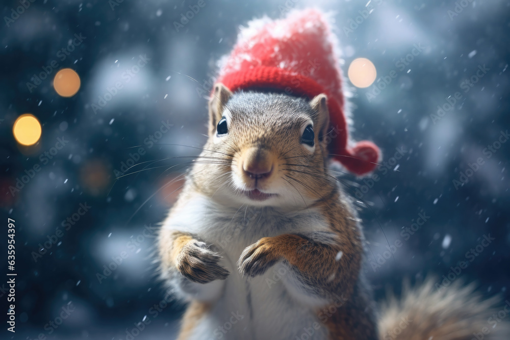 Cute squirrel in a red santa hat on a background of snow. Generative AI