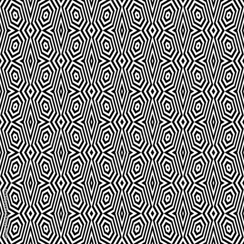 Black diamonds and lines on white background. Repeating hexagons and stripes abstract wallpaper. Seamless symmetric geometric surface pattern design. Digital paper for web design. Vector illustration