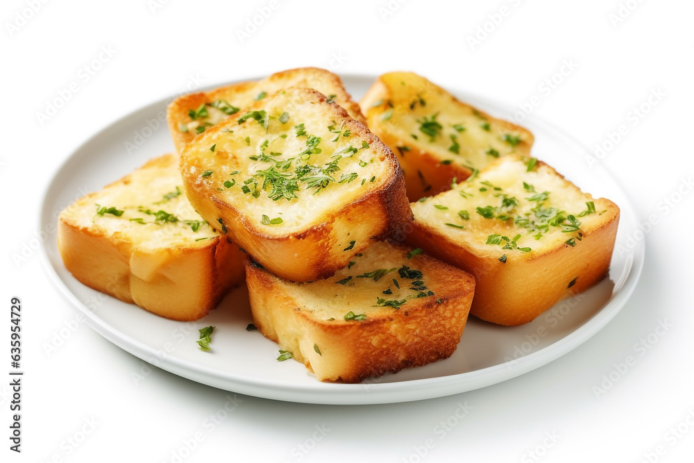 Garlic bread in white plate on white background