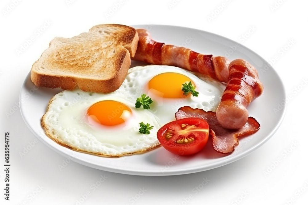 Fried eggs with bacon and sausage isolate on white background. Fried eggs with bacon and sausage isolate on white background.