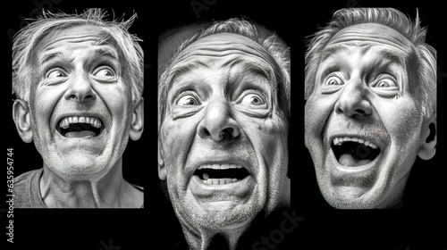 mad laughter, wonder and joy of the old man, emotions, black and white portrait