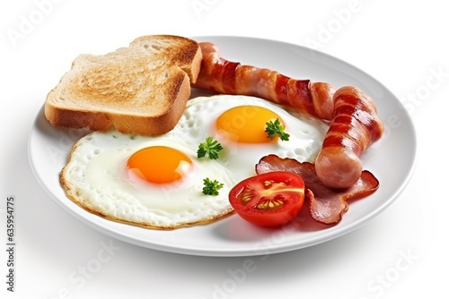 Fried eggs with bacon and sausage isolate on white background.