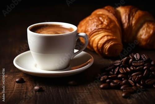 White coffee cup and fresh croissants on wooden background