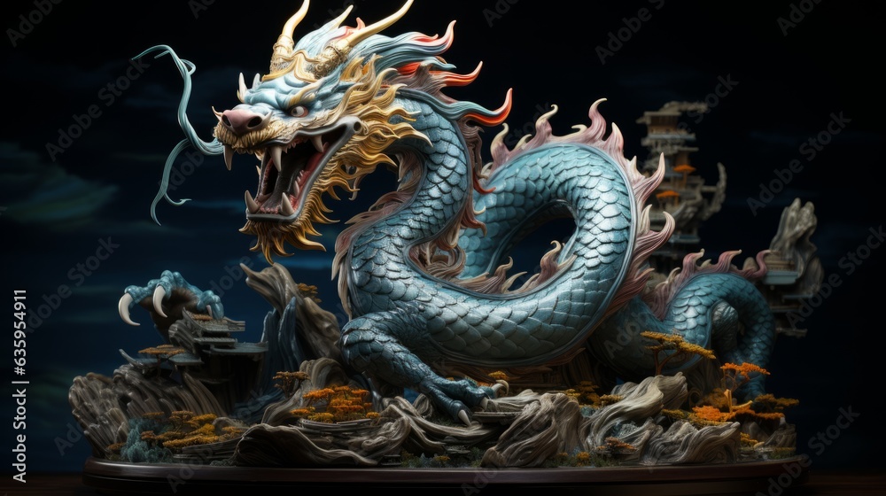 Fototapeta premium Mad traditional Asian dragon closeup, art. Angry reptile with a growl giving a death stare. Scaled muthtical Chinese dragon causes chaos and devastation. Fictional scary character with a grin.
