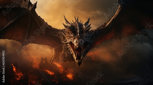 Mad dragon destroying the world. Angry reptile with a growl attacking a medieval city. Fictional scary character attacking a castle. Brutal dragon causes chaos and devastation on a flame background.