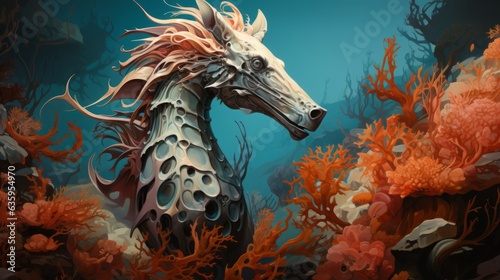Beautiful illustration of a sea dragon closeup. Concept art of a vibrant fictional underwater animal. A fictional scary character swimming in the ocean. Unknown underwater creature. 3d render..