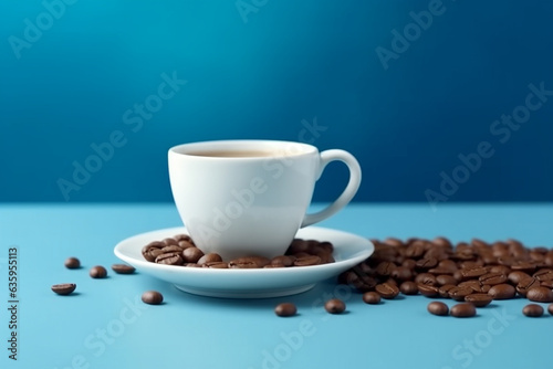 Coffee cup with coffee bean on the wooden table background