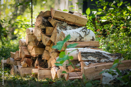 Firewood birch logs pile background.