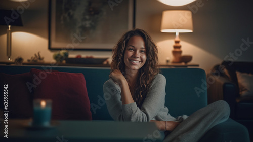 Contentment at Home: Woman Enjoying Serene Moments on the Sofa created with Generative AI Technology