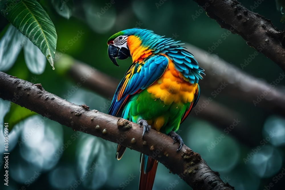 Obraz premium a high quality macro image of parrot sit on a branch of tree and some drop of water on the body - AI Generative