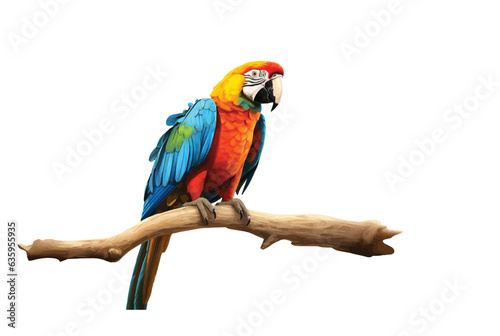 Colorful macaw parrot perched on a tree on white background.