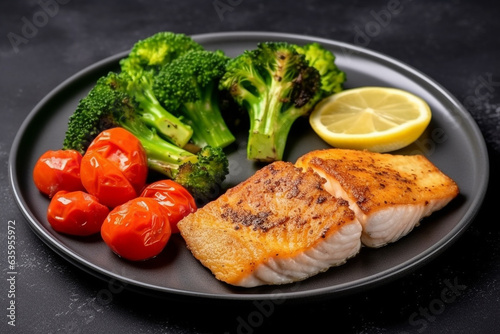 Fried fish in white plate, broccoli, tomato,lemon on black background