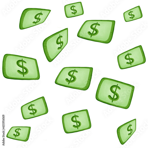 Green dollar money drop and symbol isolated on transparent background 