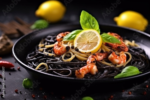 Black spaghetti pasta with seafood,lemon and basil on black background