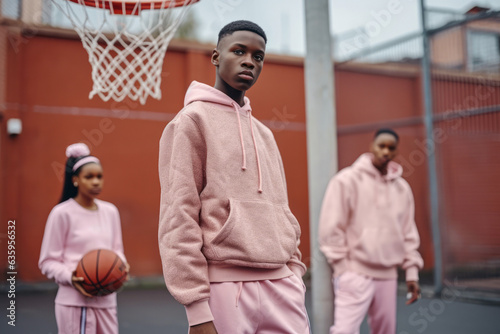 Three teenagers in pink sport hoodies on bascetball court. Street style. Urban lifestyle. Active shcool leisure concept photo