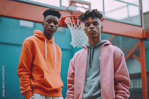 Two male teenagers in bright sport hoodies on bascetball court. Street style. Urban lifestyle. Active shcool leisure concept