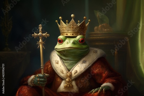 Toad, Frog, Emperor, King, Ruler, Dressed, Medieval, Renaissance, Ironic portrait. HIS HIGHNESS THE FROG! A portrait of a bizarre green frog dressed up as a king.