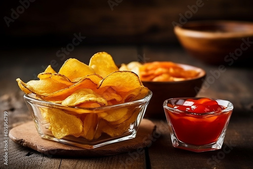 Potato chips snacks in glass bowls on wooden background