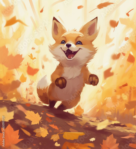 cartoon of a fox in the fall piles in style of soft color palette
