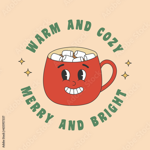 Christmas greeting card with red cup and marshmallow in groovy style. Template for Merry Christmas and Happy New year greeting card, poster, party invitation
