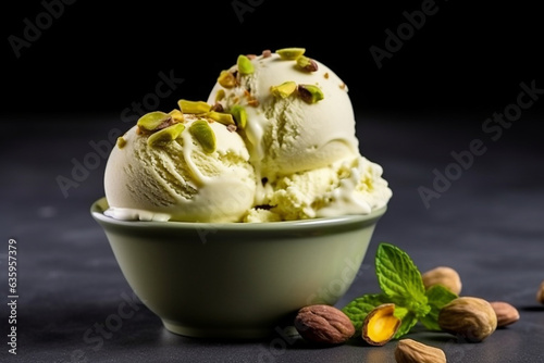 Pistachio ice cream on black background . photo