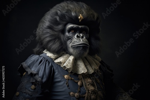 Gorilla, 3d Ironic portrait, 1700, Noble, Aristocratic, Dressed, Attire, Wig. BIJOU GORILLA. A refined upper class gorilla with wig and ruffled collar dressed up in 1700s style. Medalllion on hair