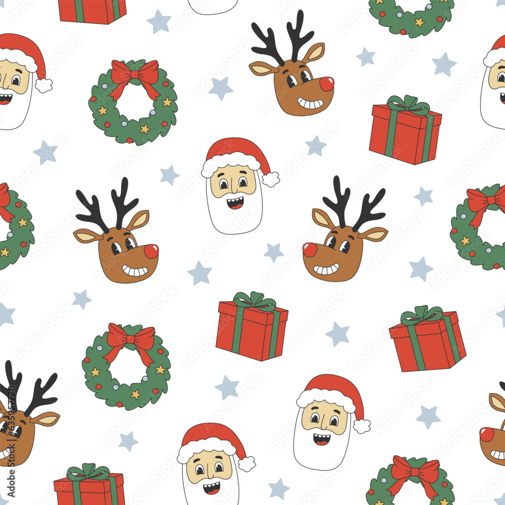 Fototapeta premium Groovy Christmas seamless pattern. Santa Claus, reindeer, gift box in trendy retro cartoon style. Background for winter festive design.