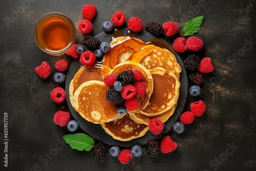Pancakes berry and honey on grey stone background