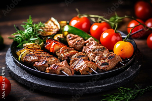 Grilled barbeque with vegetables and tomatoes on wooden background