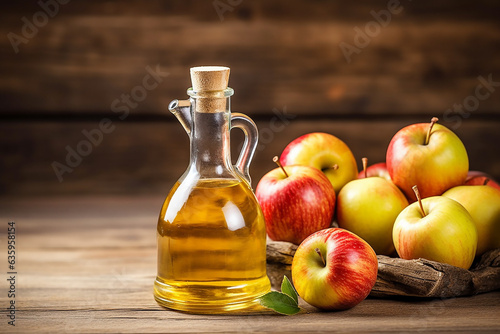 Apple cider vinegar with on wooden background