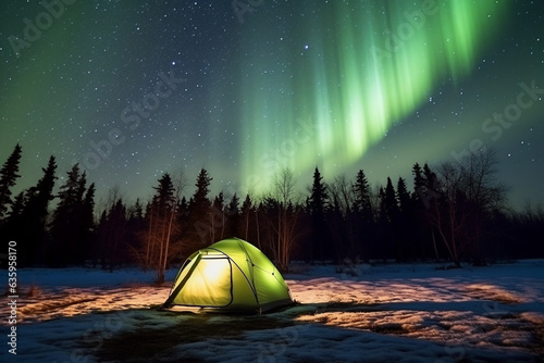 Camping tent at night with aurora light