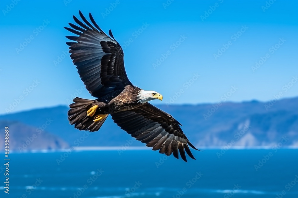 Eagle flying over the ocean with blue sky Eagle flying over the ocean with blue sky