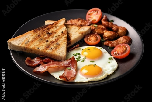 Breakfast of fried eggs, bacon, sausages and toast on a white plate